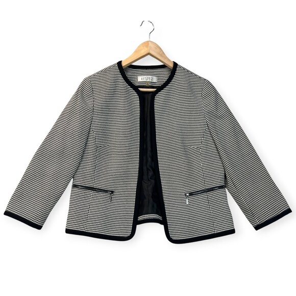 Vintage Kasper Jacket Black White Houndstooth Jewel Neck Short Open Blazer Sz 10 - Picture 2 of 12